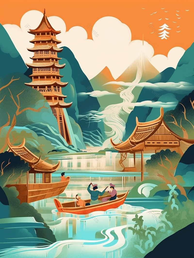 秀美山水湖泊船只宝塔国潮插画背景,插画/手绘图,插画/手绘图库,插画/手绘图下载,插画/手绘